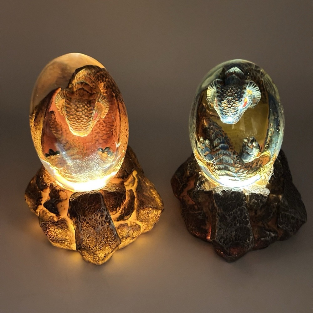 Clear Resin Dragon Eggs (2) Orange & Blue W/ Light Base Colorful Fantasy Decor